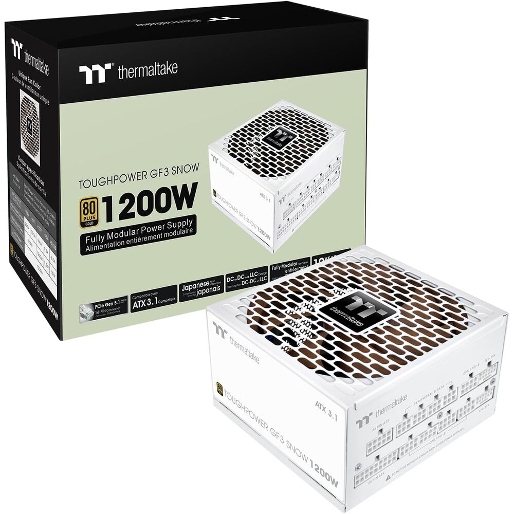 Thermaltake Toughpower GF3 1200W; ATX 3.1; x2 Native PCIe 5.1 12V-2x6; Flat Cables; Japanese Main Capacitors; Colored Custom 135mm Fan; 80 Plus Gold Certified; Snow; PS-TPD-11200FNFAGU-N