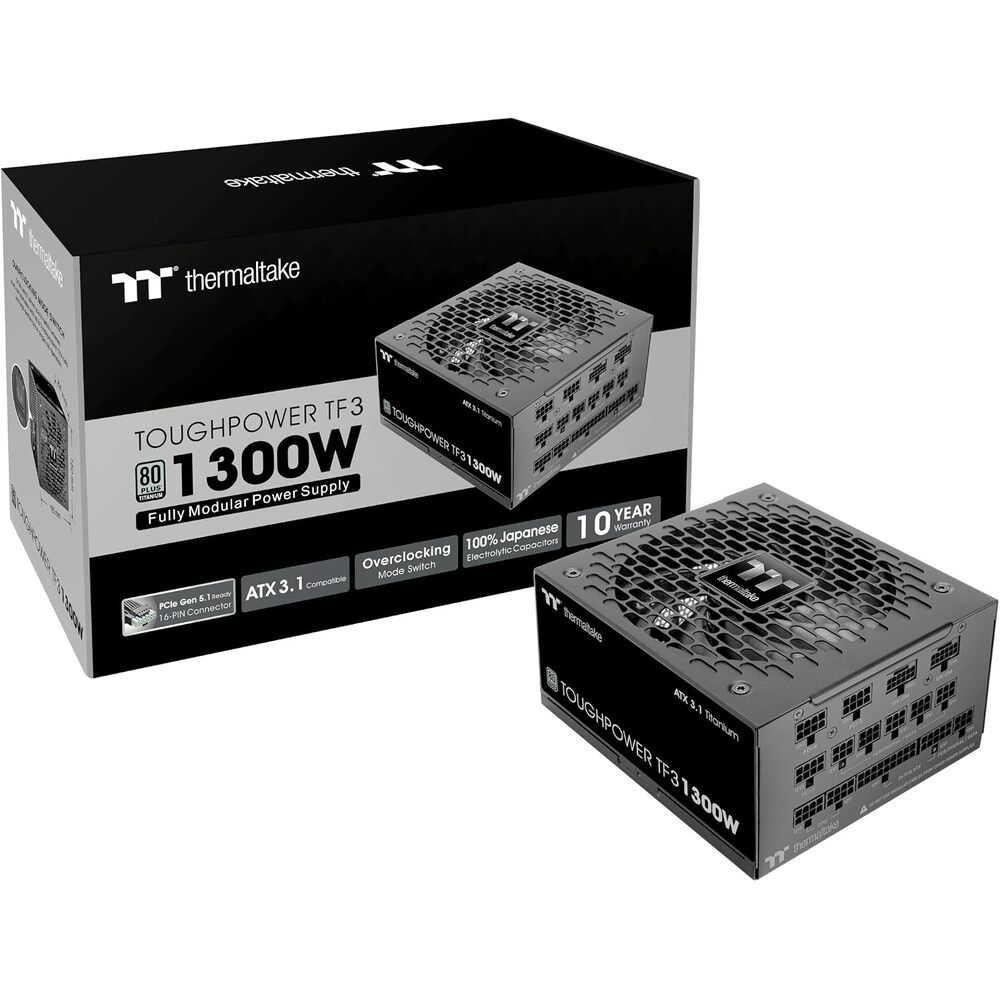 Thermaltake Toughpower TF3 1300W; 2X Native PCIe 5.1 12V-2x6; Dual-Color H++ Connectors; Etched Flat Cables; Multi/Single Rail OCM Toggle; 100% Japanese Capacitors; 80+ Titanium; PS-TPD-1300FNFATU-1