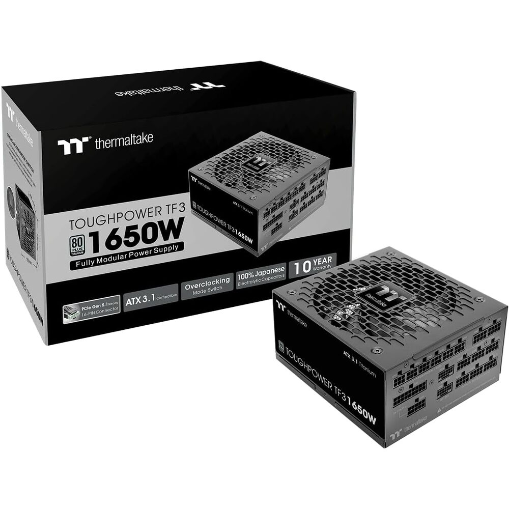 Thermaltake Toughpower TF3 1650W; ATX 3.1; x2 Native PCIe 5.1 12V-2x6; Dual-Color H++ Connectors; Multi/Single Rail OCM Toggle; 100% Japanese Capacitors; 80 Plus Titanium; PS-TPD-1650FNFATU-1
