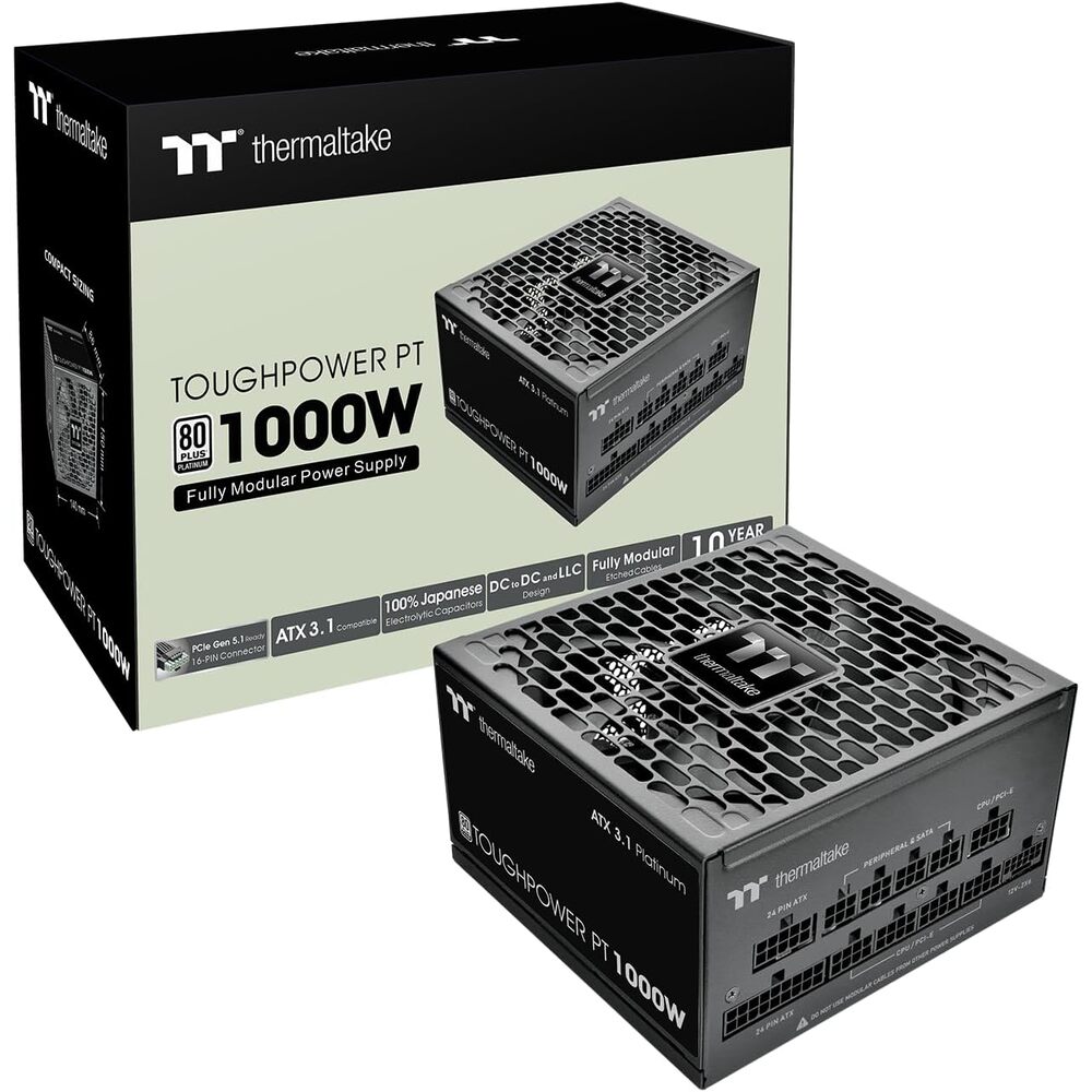 Thermaltake Toughpower PT 1000W; ATX 3.1; Native PCIe 5.1 12V-2x6; Etched Flat Cables; Dual-Color H++ Connectors; 100% Japanese Capacitors; 135mm Fan; 80 Plus Platinum; Black; PS-TPP-1000FNFAPU-1