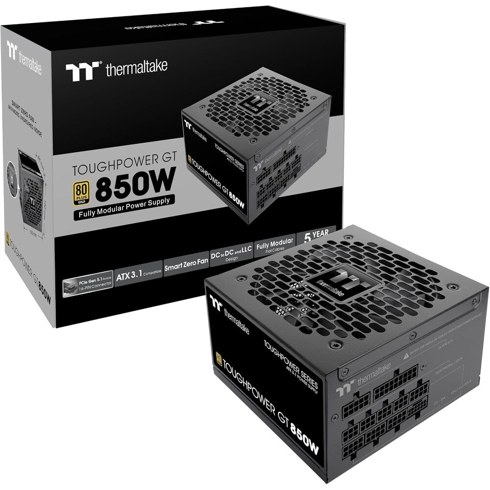 Thermaltake Toughpower GT 850W ATX 3.1 Standard Power Supply; 80 Plus Gold Efficiency; Smart Zero Fan; Native 450W PCIe 5.1 Connector; PS-TPT-0850FNFAGU-3; 5 Year Warranty