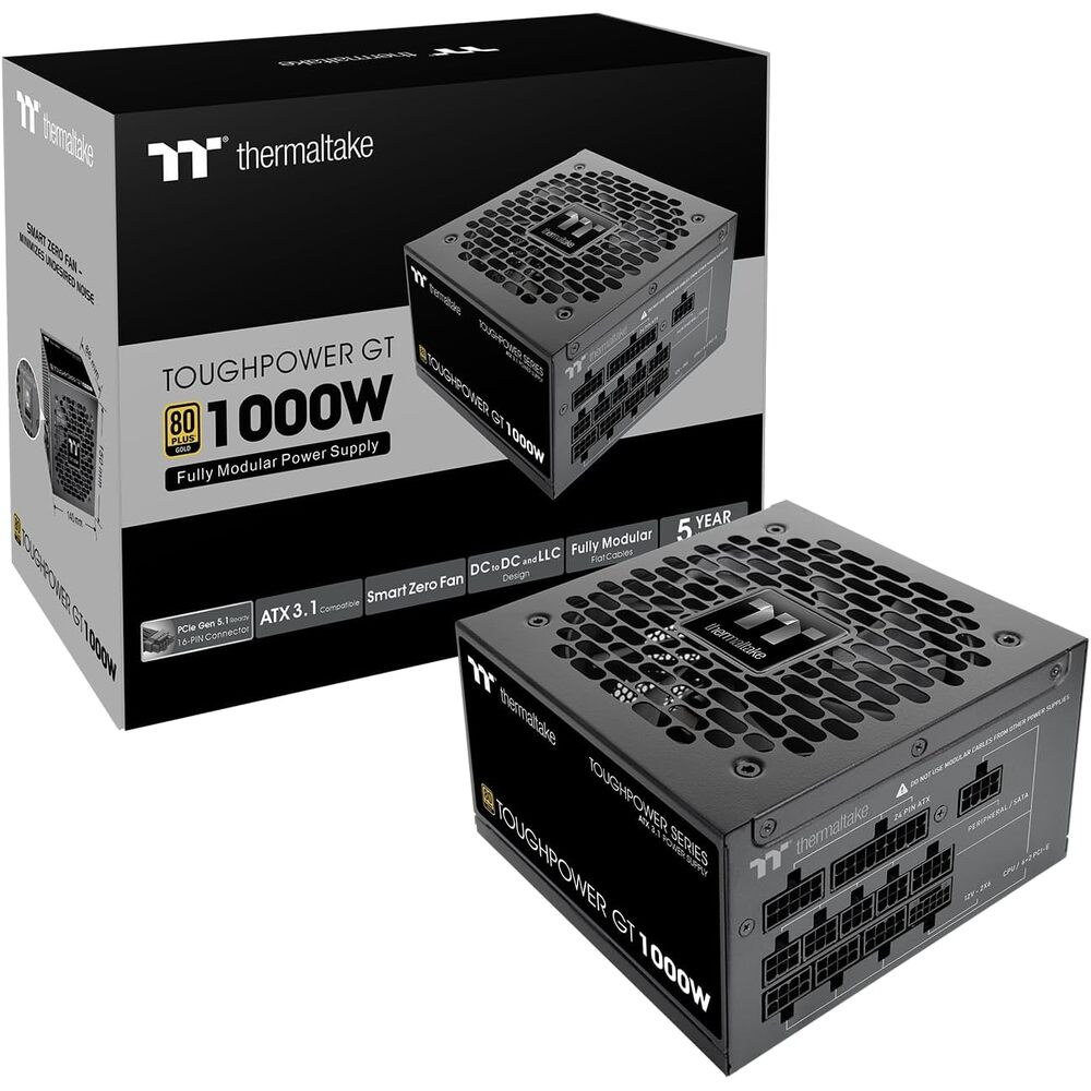 Thermaltake Toughpower GT 1000W; ATX 3.1; Native PCIe 5.1 12V-2x6; Full Modular; Flat Cables; Color Matched Connectors; Japanese Main Capacitors; 80 Plus Gold; 140mm; Black; PS-TPT-1000FNFAGU-3