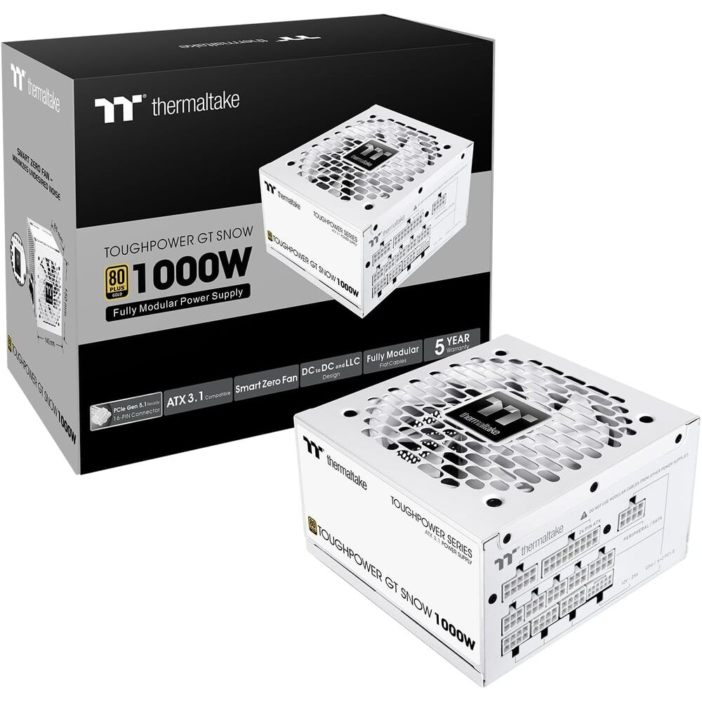 Thermaltake Toughpower GT 1000W; ATX 3.1; Native PCIe 5.1 12V-2x6; Full Modular; Flat Cables; Color Matched Connectors; Japanese Main Capacitors; 80 Plus Gold; 140mm; Snow; PS-TPT-1000FNFAGU-W