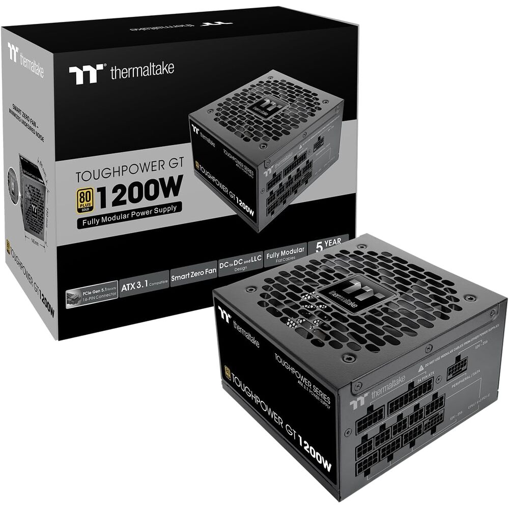 Thermaltake Toughpower GT 1200W; ATX 3.1; x2 Native PCIe 5.1 12V-2x6; Full Modular; Flat Cables; Color Matched Connectors; Japanese Main Capacitors; 80 Plus Gold; 140mm; Black; PS-TPT-1200FNFAGU-3