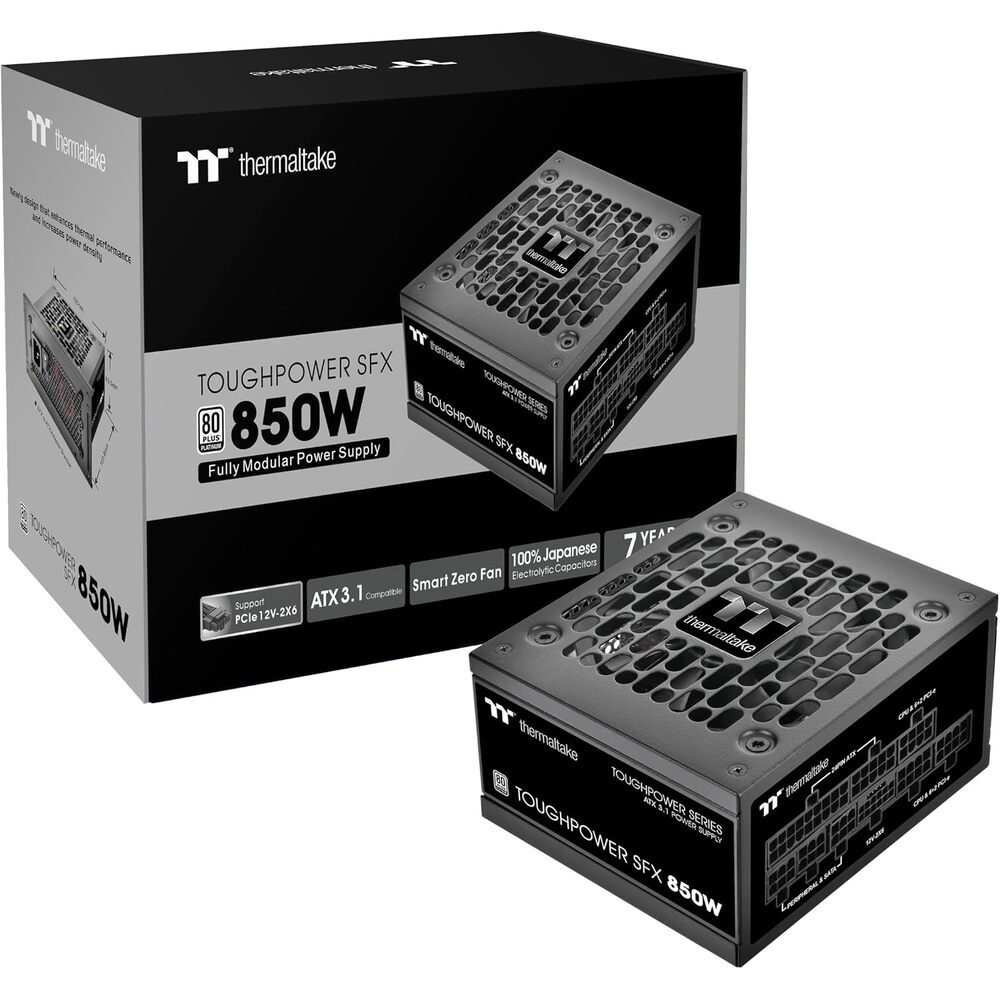 Thermaltake Toughpower SFX 850W 80Plus Platinum ATX 3.1 Standard Power Supply; 450W 12V-2x6 Connector Included; Full Modular; 90mm FDB Fan; PS-STP-0850FNFAPU-1; 7 Year Warranty