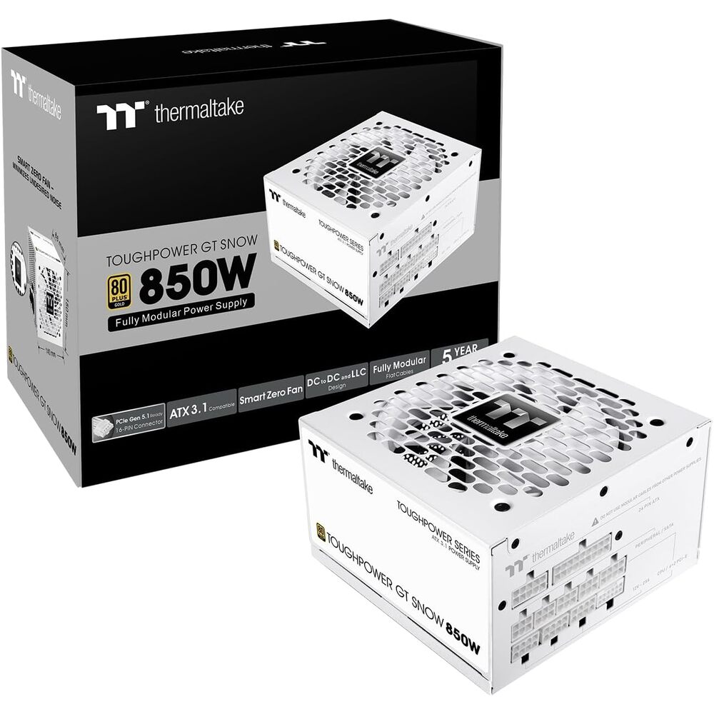 Thermaltake Toughpower GT 850W Snow ATX 3.1 Power Supply; 80 Plus Gold Efficiency; Smart Zero Fan; Native 600W PCIe 5.1 Connector; PS-TPT-0850FNFAGU-W; 5 Year Warranty
