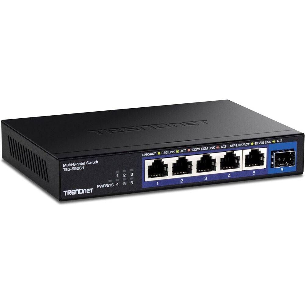 TRENDnet 6-Port Unmanaged 2.5G Switch with 10G SFP+Port, TEG-S5061, 5 x 2.5GBASE-T Ports, 45Gbps SwitchingCapacity, Fanless, Wall Mountable,Lifetime Protection,Black