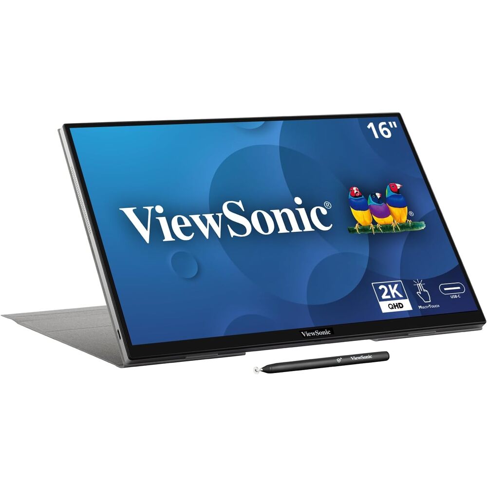 ViewSonic TD1656-2K 16 Inch 1600p Touchscreen Portable Monitor, WQXGA IPS Display for Interactive Workflows and Second Screen Productivity, Built-in Stand, 65W USB-C, mini HDMI, and Smart Cover