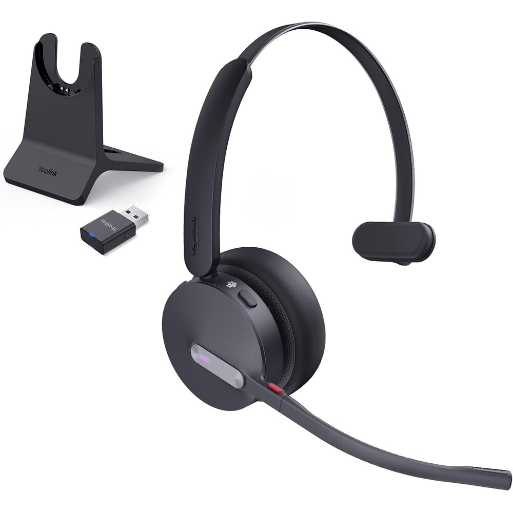 Yealink WH64 Hybrid Wireless Headset with Mic for Work, Mono Headset with Charge Stand, Bluetooth & DECT Dongle for PC/Computer/IP Phone/Cell Phones, Teams, Zoom, 492 ft Range, 26H Talk Time