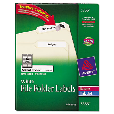 Permanent file folder labels for inkjet and laser printers.