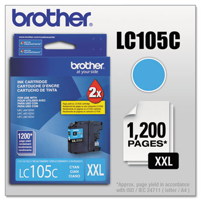 Brother Genuine OEM LC105C (LC-105C) EXTRA High Yield Cyan Inkjet Cartridge (1.2K YLD)