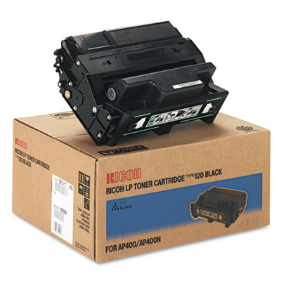 OEM 407000 toner cartridge for Ricoh® AP400, 400N, 410 (Type T120) produces 15,000 pages at 5% coverage.