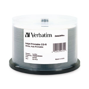 Verbatim CD-R 80MIN 700MB 52X DataLifePlus White Inkjet Hub Printable 50pk Spindle 50 pcs