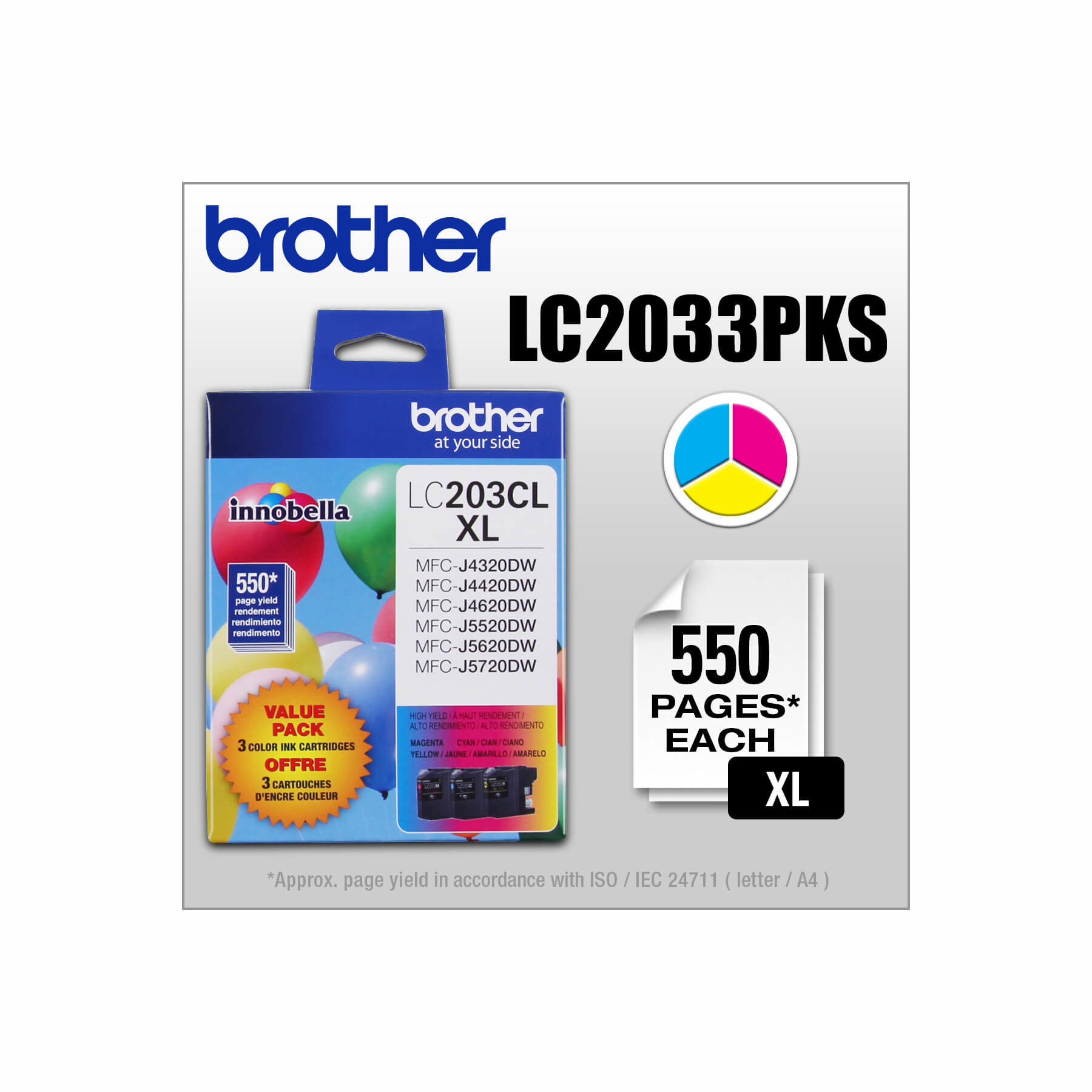 Brother LC-2033PKS 550pages Cyan Magenta Yellow ink cartridge