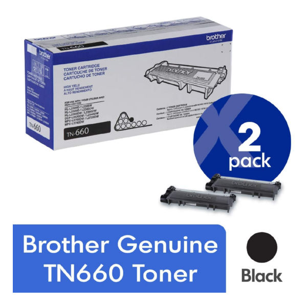 Brother Genuine OEM 2-PK TN660 High Yield Black Toner Cartridge (2.6K YLD)