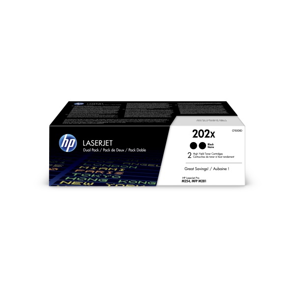 HP 202X, (CF500XD) 2-Pack High Yield Black Original LaserJet Toner Cartridge